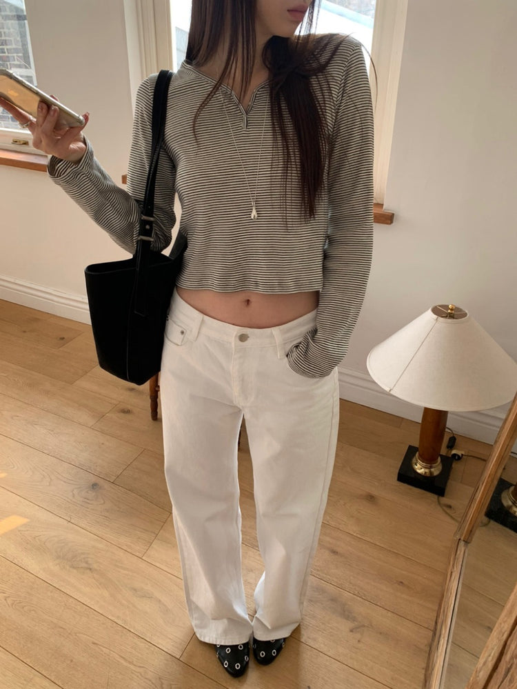 條紋V領暗扣細節上衣