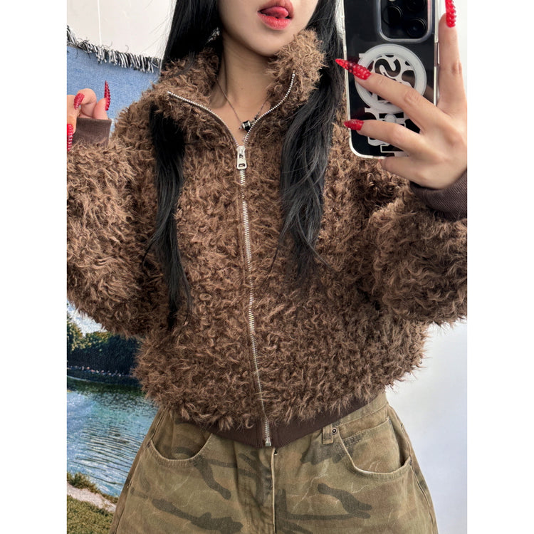 立領毛毛質感修身外套