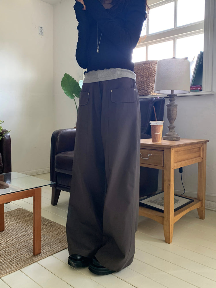 口袋細節壓線半鬆緊直褲