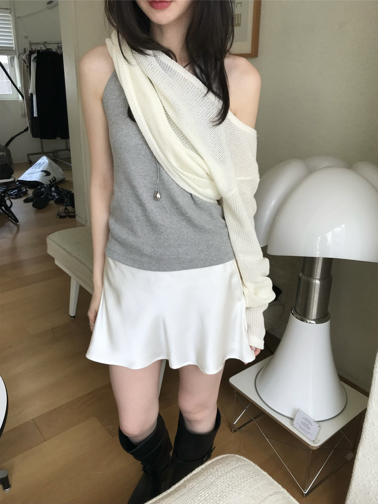 美肩透膚格紋混色針織上衣