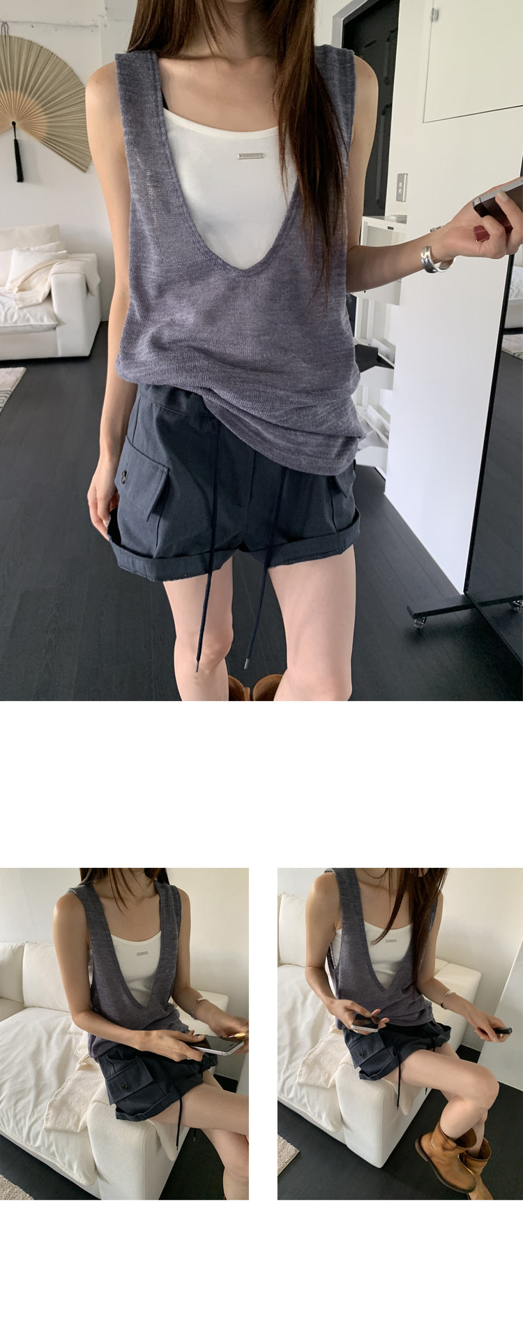 透膚紋理深V長上衣