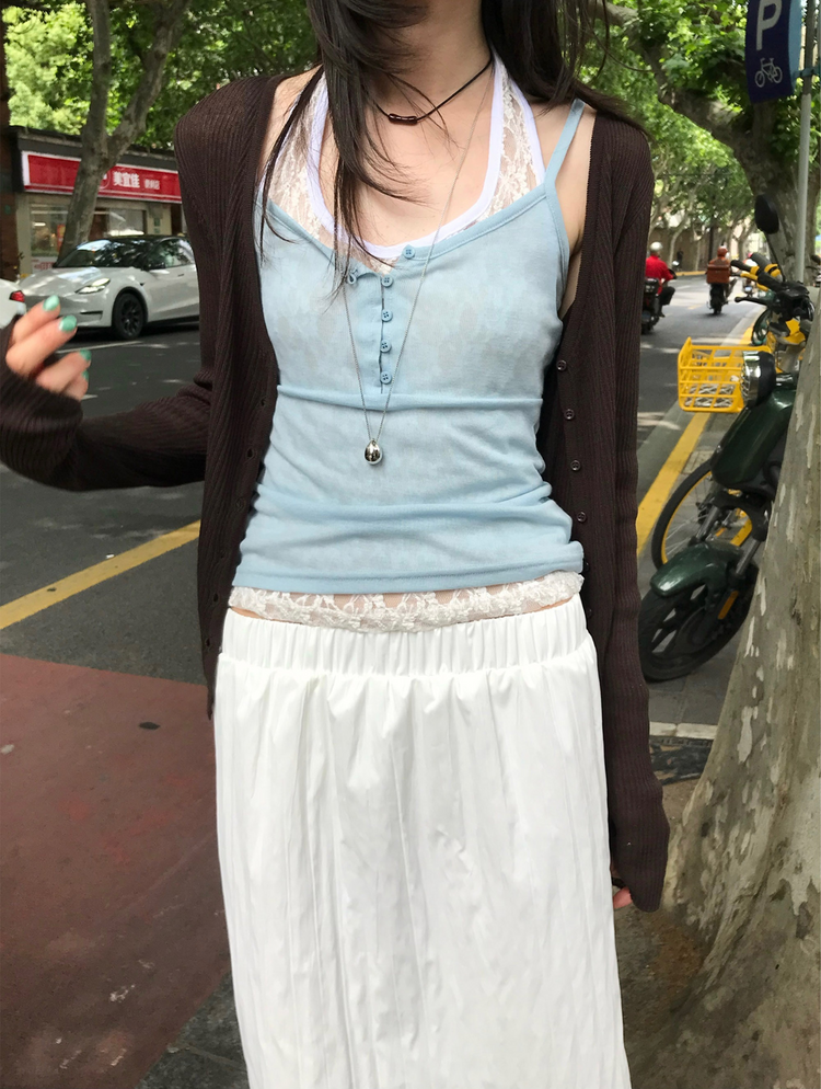 美色透膚扣鈕細節背心