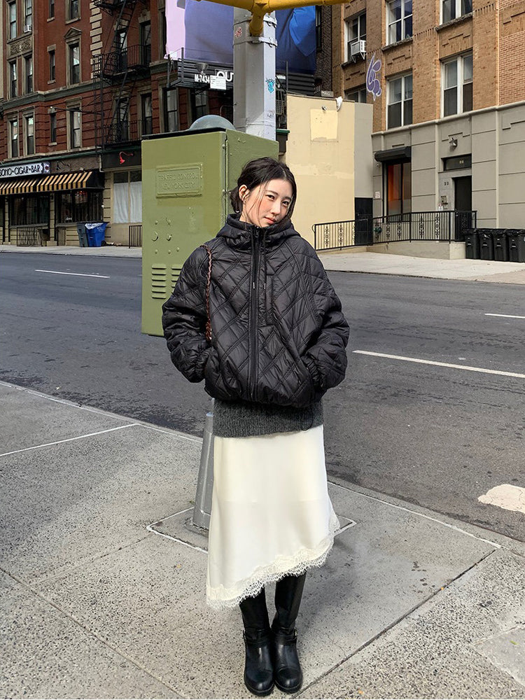 光澤感蕾絲邊不對稱細節半裙