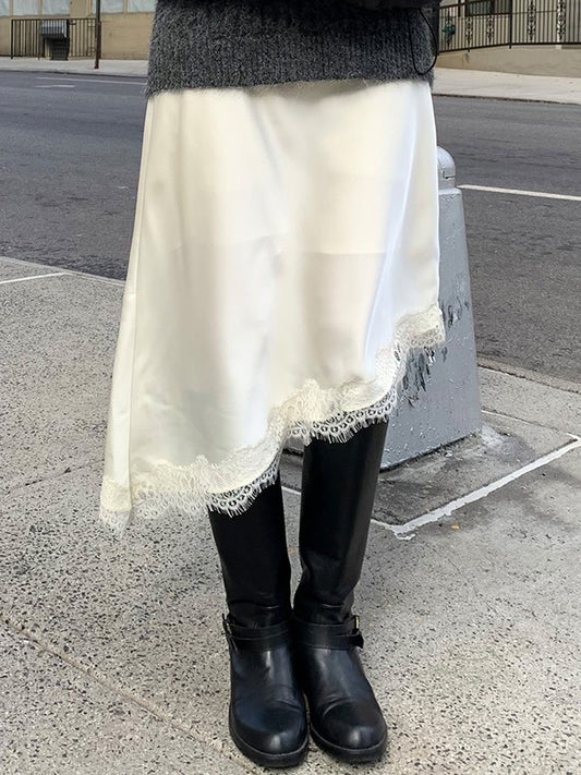 光澤感蕾絲邊不對稱細節半裙