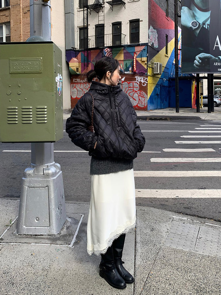 光澤感蕾絲邊不對稱細節半裙