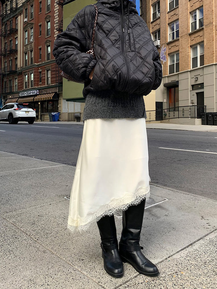 光澤感蕾絲邊不對稱細節半裙