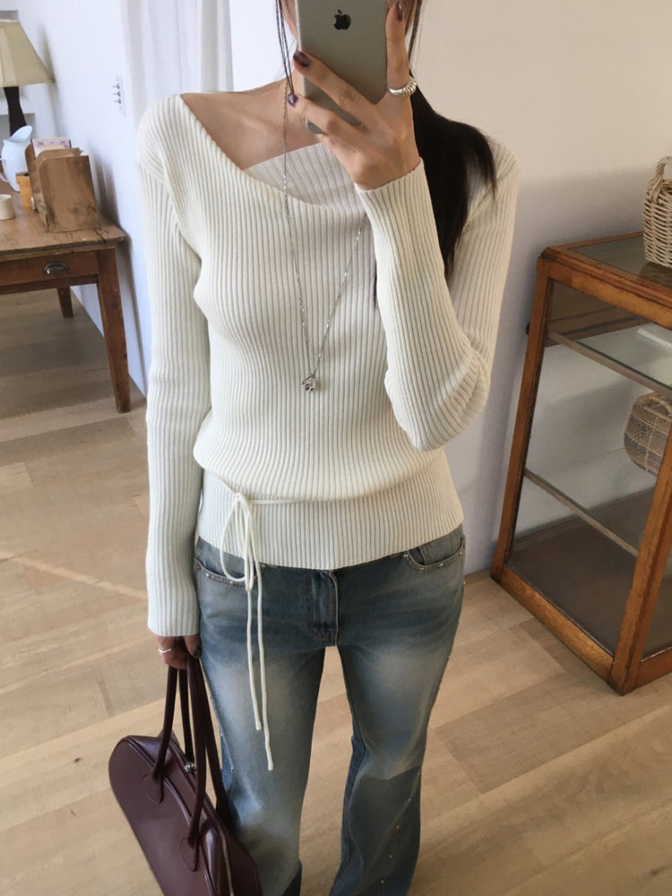 垂領綁帶修腰針織上衣