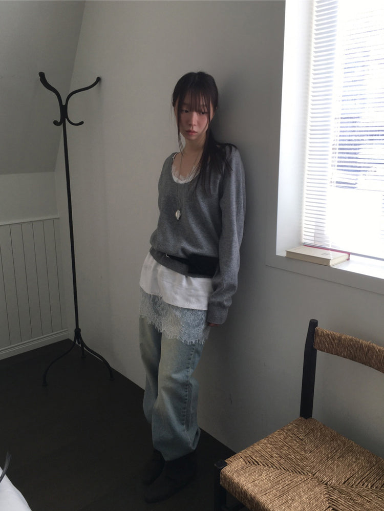 (現)美色蕾絲邊光澤感連身裙