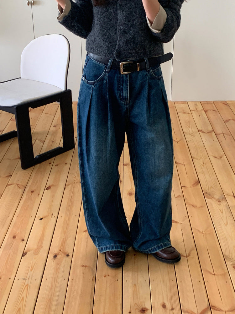 復古美色雙壓褶垂感闊褲(附皮帶)