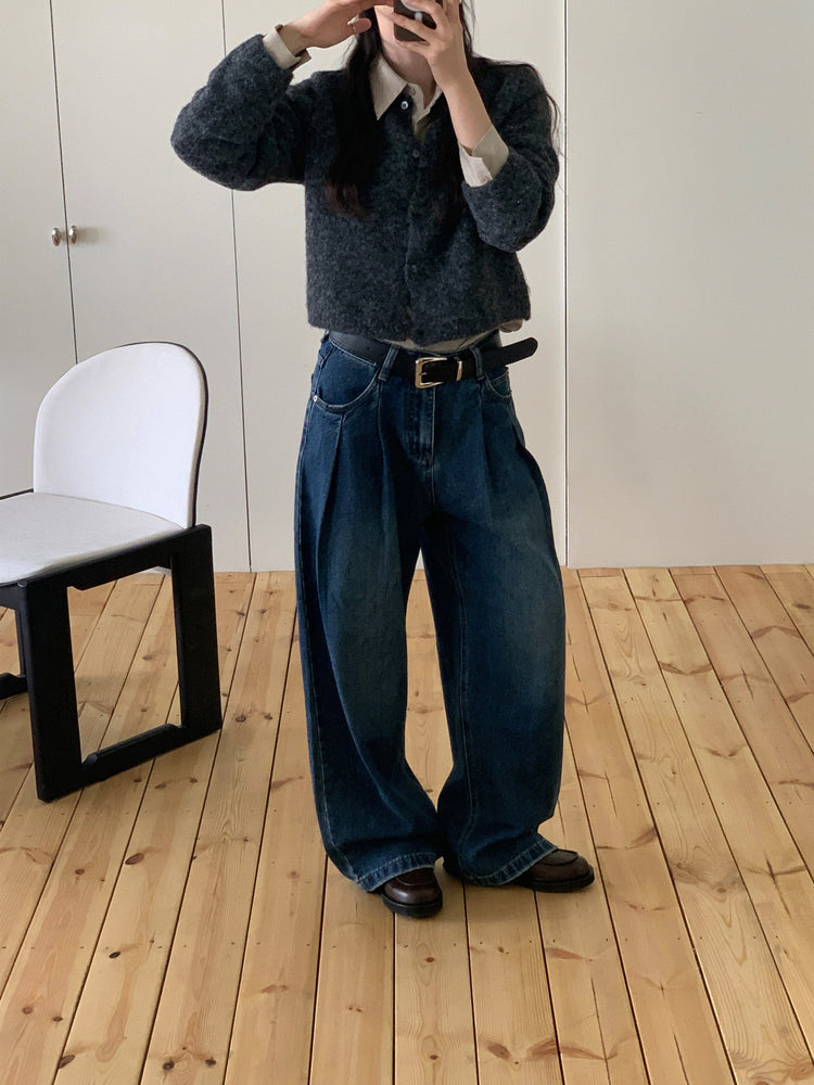 復古美色雙壓褶垂感闊褲(附皮帶)