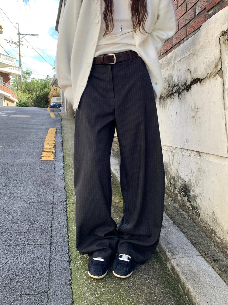 Fw ver.條紋側壓褶細節直褲