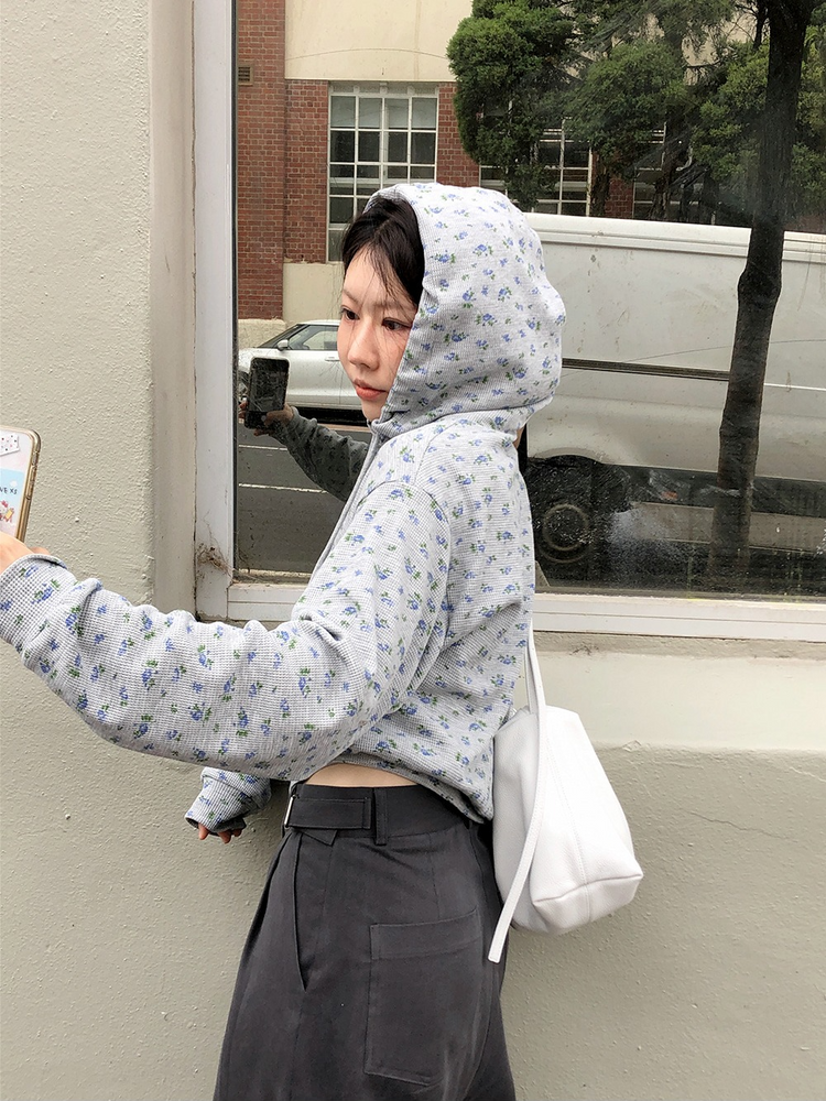 碎花華夫格背心連帽外套套裝
