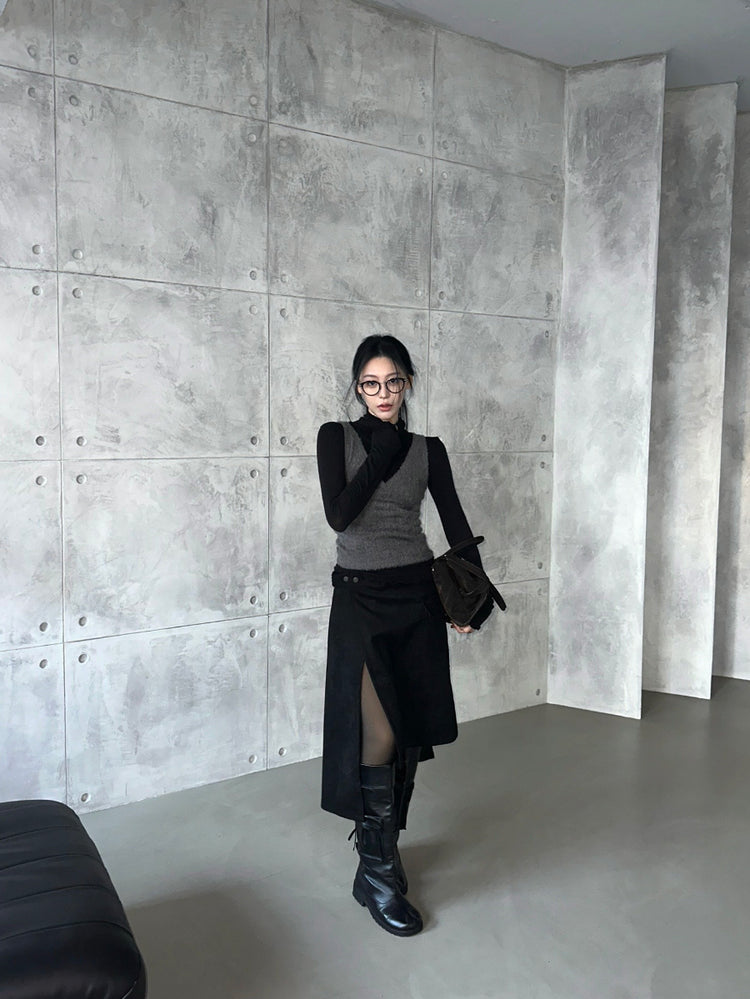 交疊側開叉不對稱細節裙