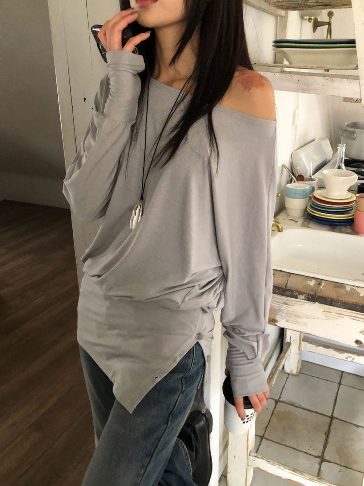 美肩側開叉指扣細節修腰連身裙