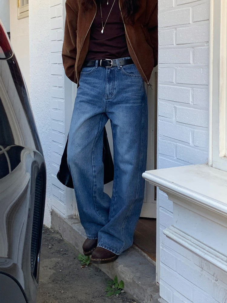 復古美刷色側前壓線細節牛仔褲