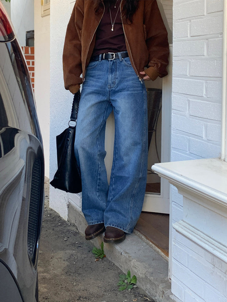 復古美刷色側前壓線細節牛仔褲