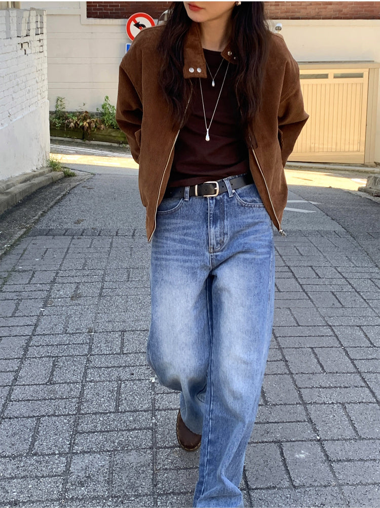 復古美刷色側前壓線細節牛仔褲