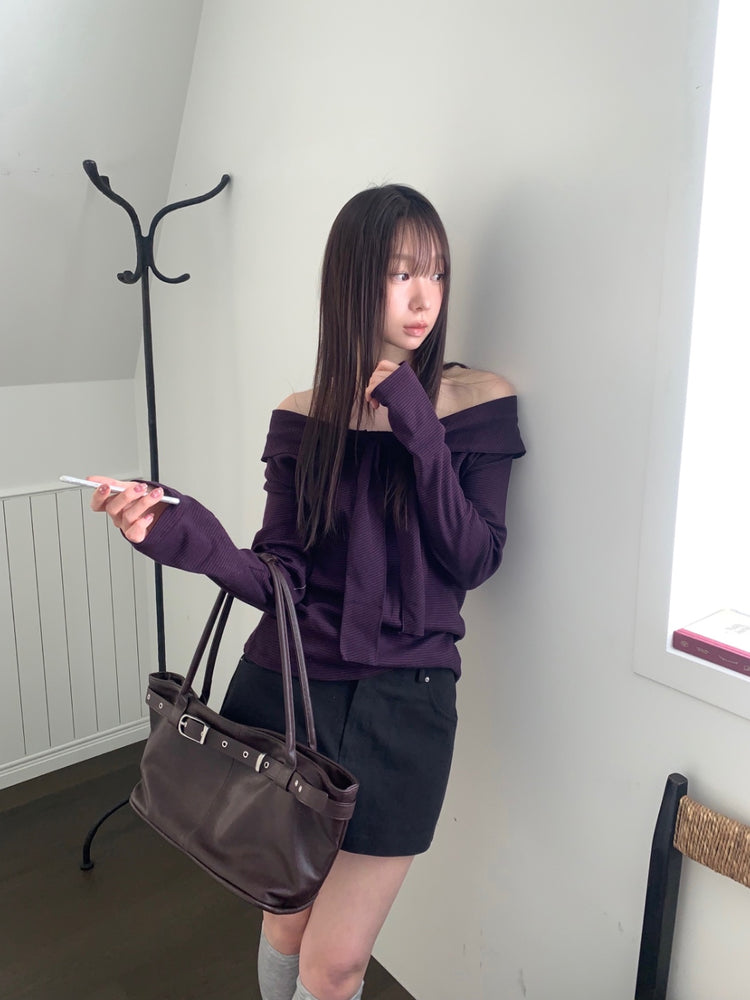 美肩垂帶領結條紋上衣