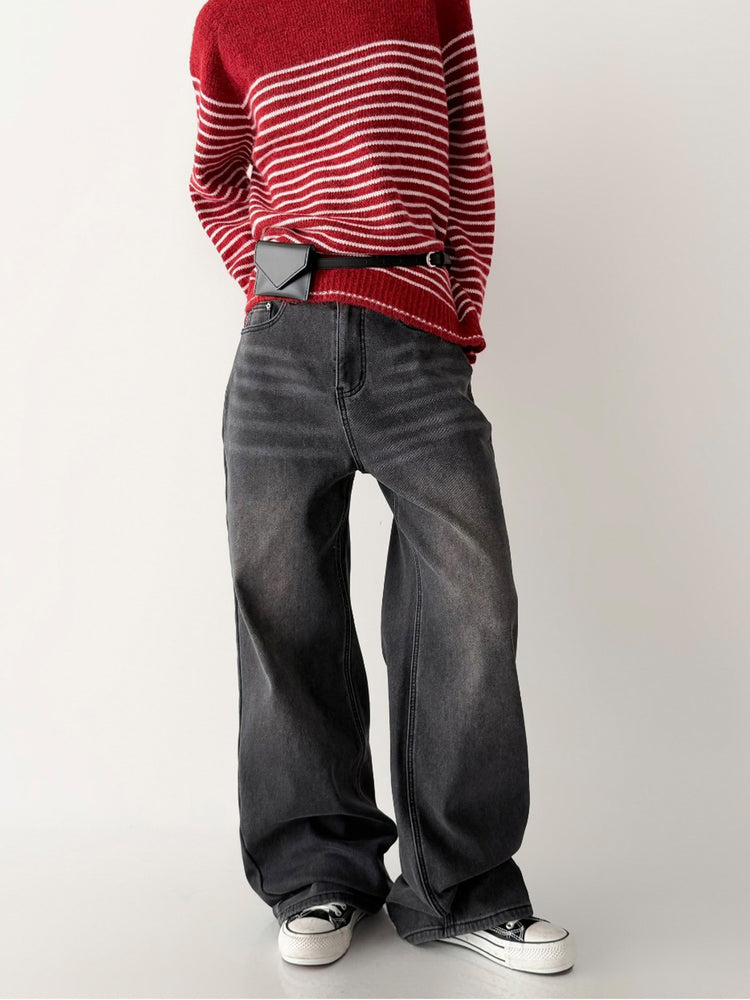 隱形橡筋腰頭直腿內刷毛牛仔褲