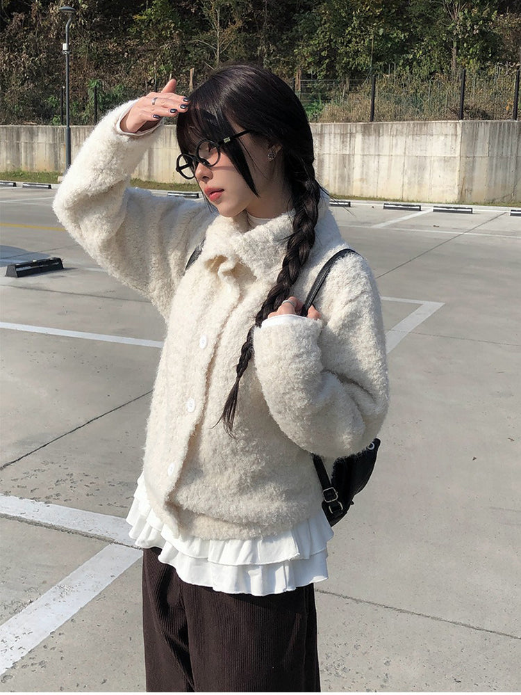 圈毛可立領排鈕針織外套