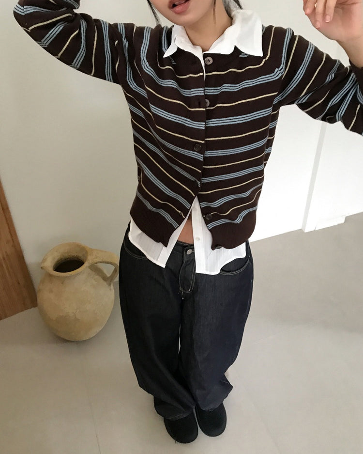 美色條紋排鈕針織外套