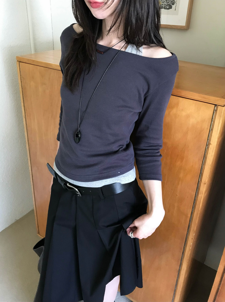 船領弧下擺七分袖上衣