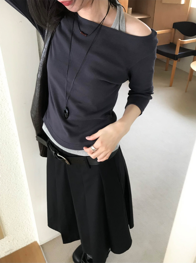 船領弧下擺七分袖上衣