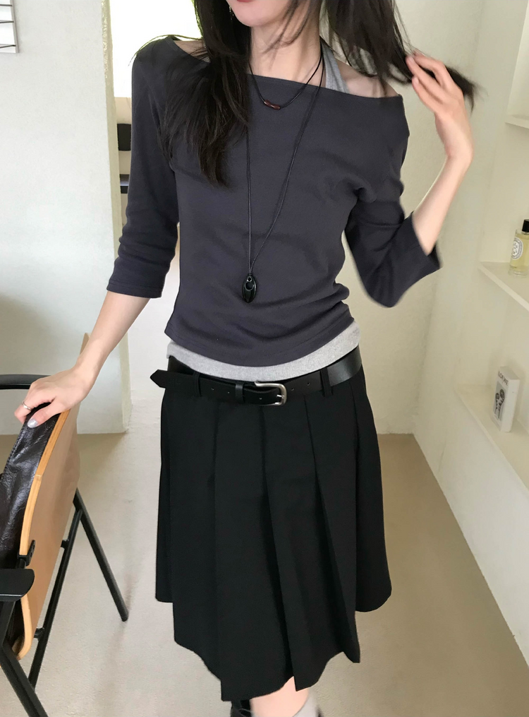 船領弧下擺七分袖上衣
