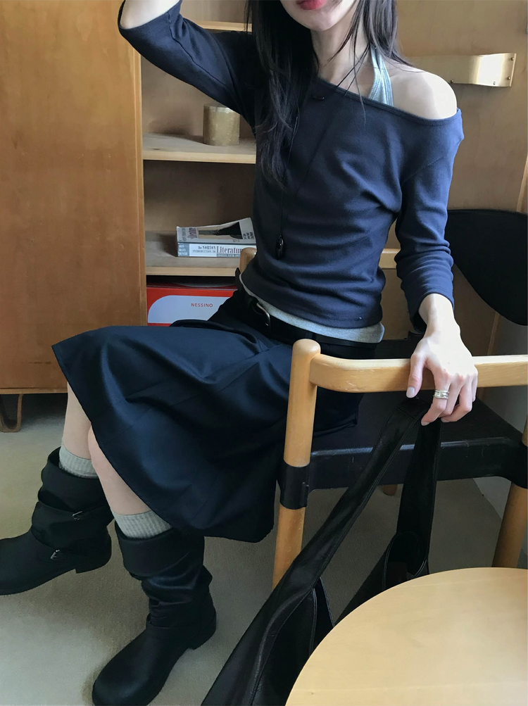 船領弧下擺七分袖上衣