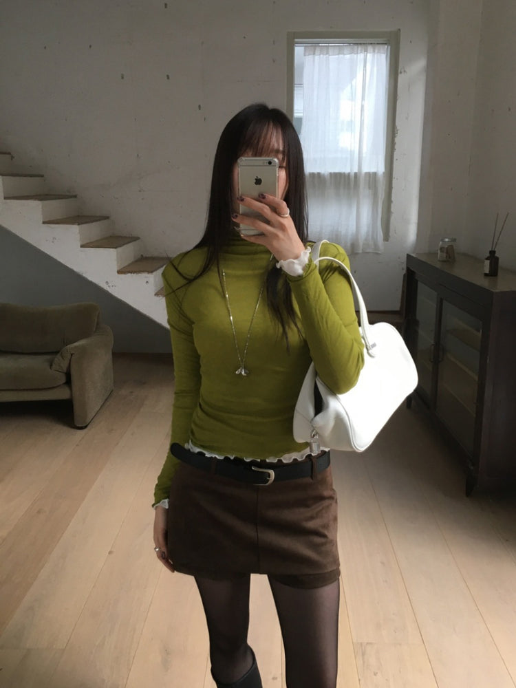 美色微透捲邊細節修身上衣