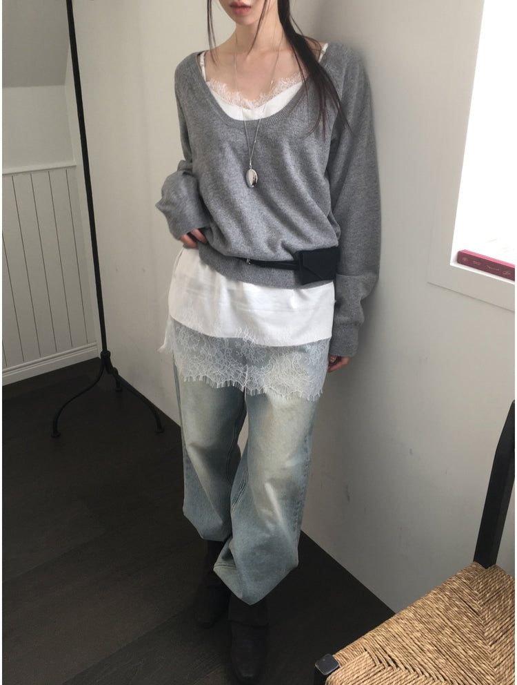 (現)美色蕾絲邊光澤感連身裙