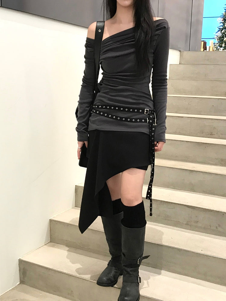 不規則下擺扣鈕短裙