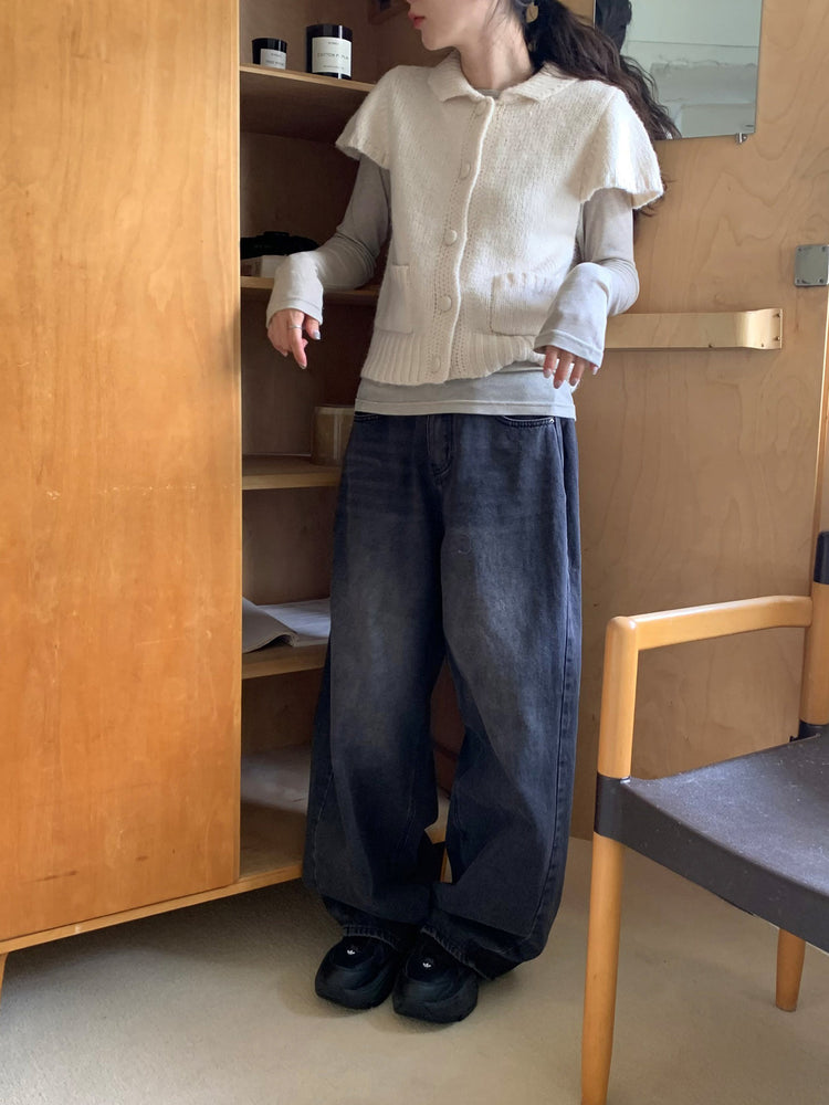 側壓褶細節廓形牛仔褲