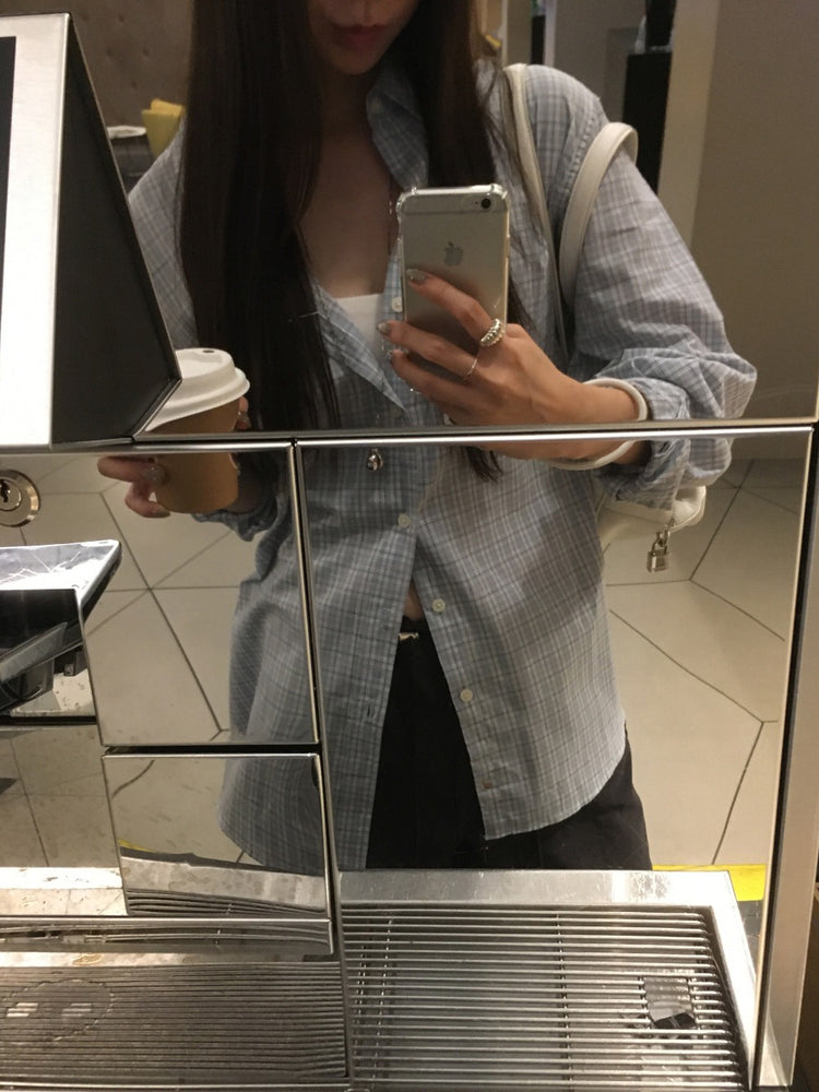 Unisex美色格紋寬鬆襯衫