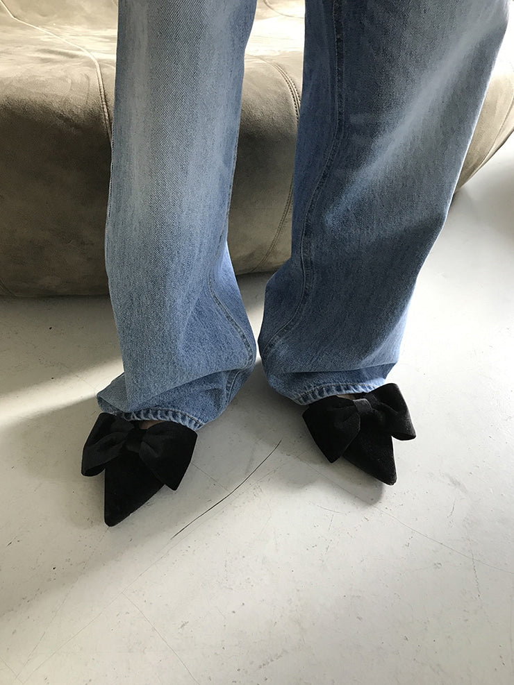 經典蝴蝶結絲絨質感尖頭鞋