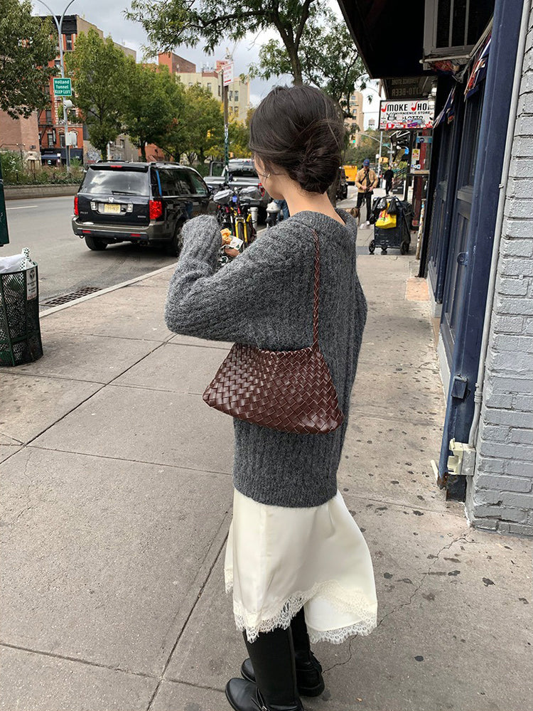 光澤感蕾絲邊不對稱細節半裙