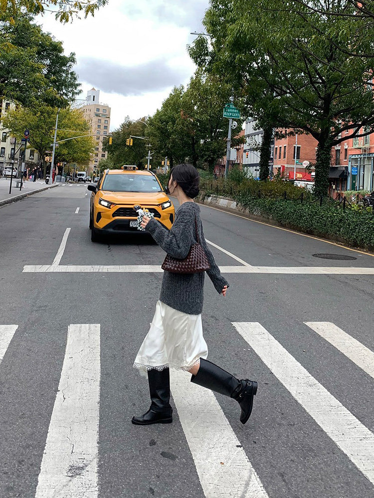 光澤感蕾絲邊不對稱細節半裙