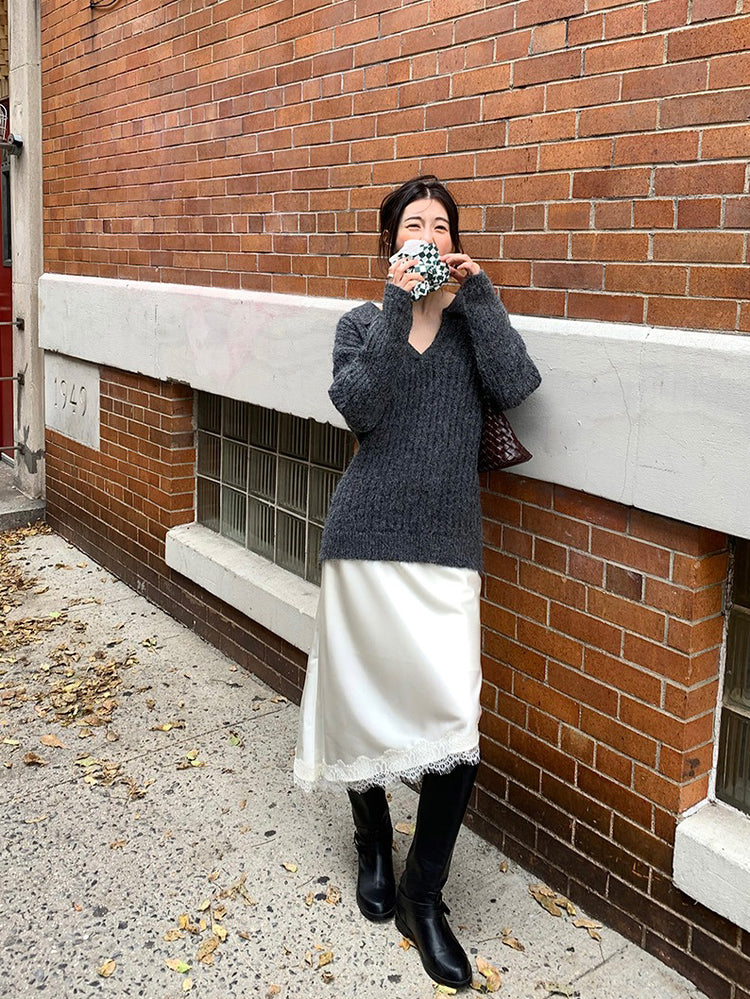 光澤感蕾絲邊不對稱細節半裙