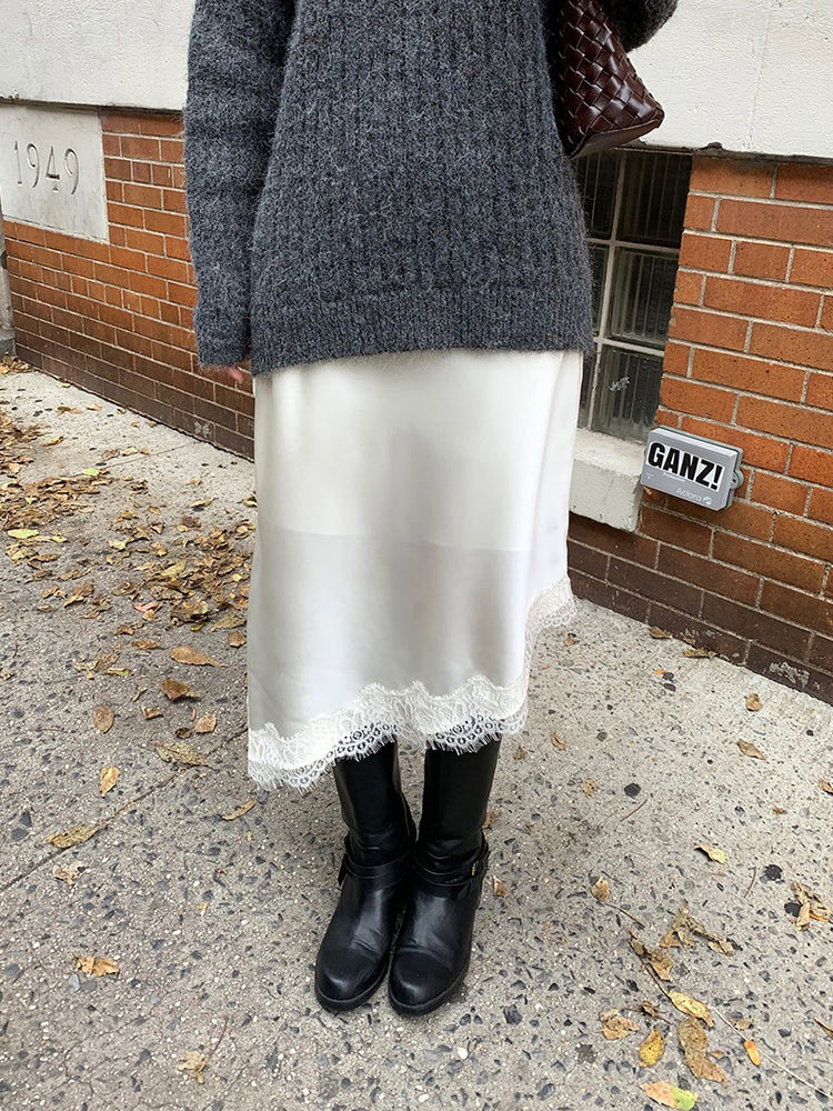 光澤感蕾絲邊不對稱細節半裙