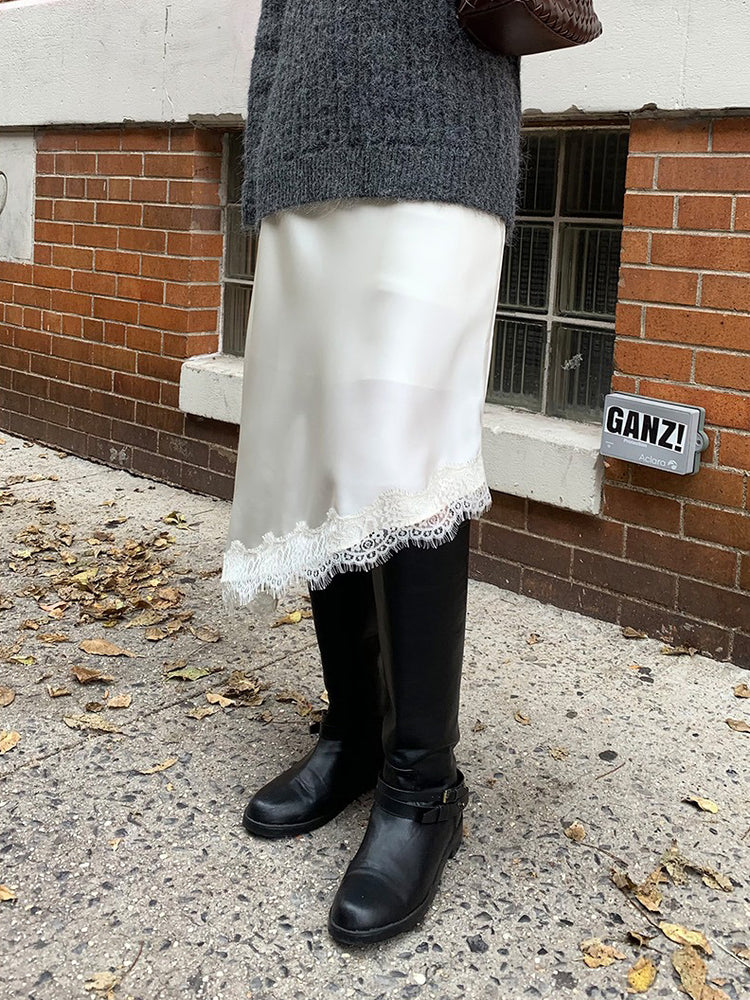 光澤感蕾絲邊不對稱細節半裙