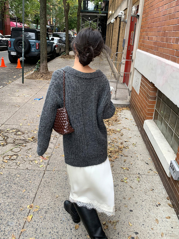 光澤感蕾絲邊不對稱細節半裙