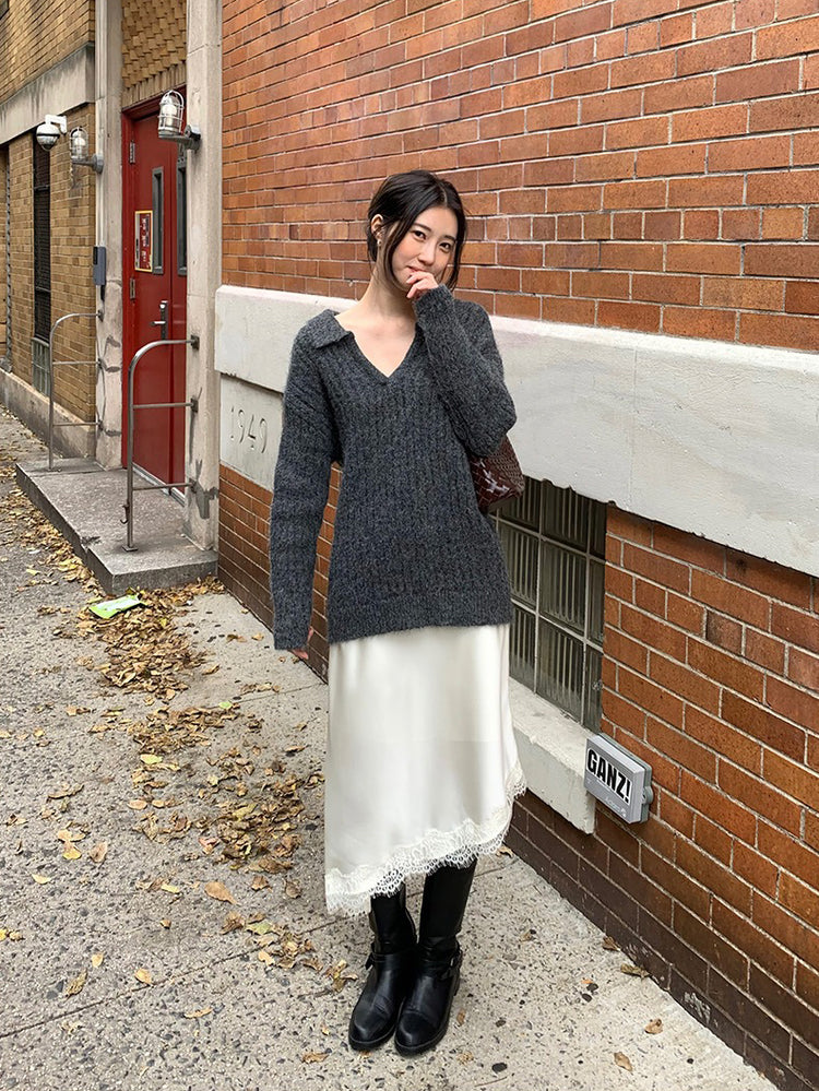 光澤感蕾絲邊不對稱細節半裙