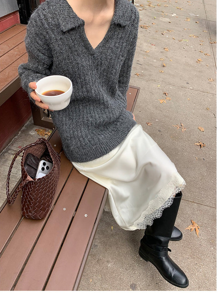 光澤感蕾絲邊不對稱細節半裙