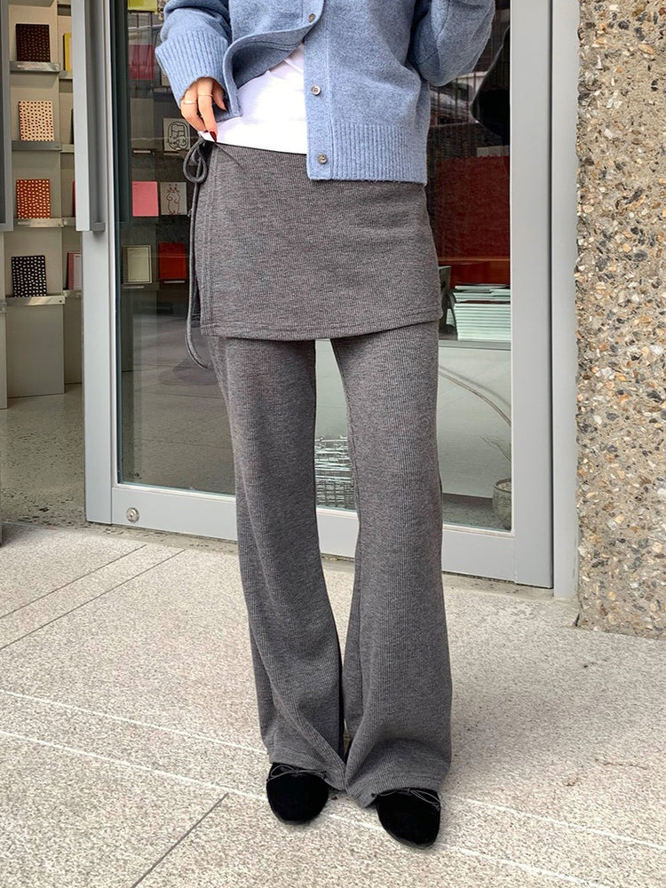 側綁帶細長腿假兩件裙褲