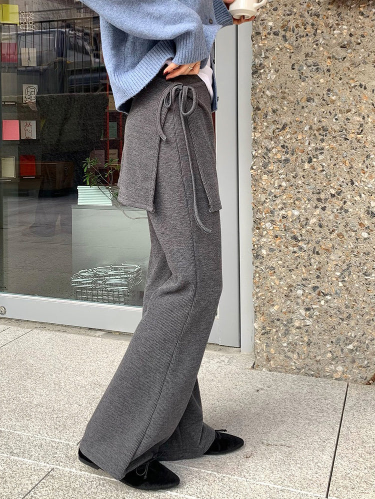 側綁帶細長腿假兩件裙褲