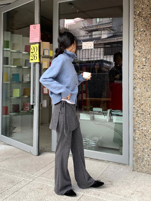 側綁帶細長腿假兩件裙褲