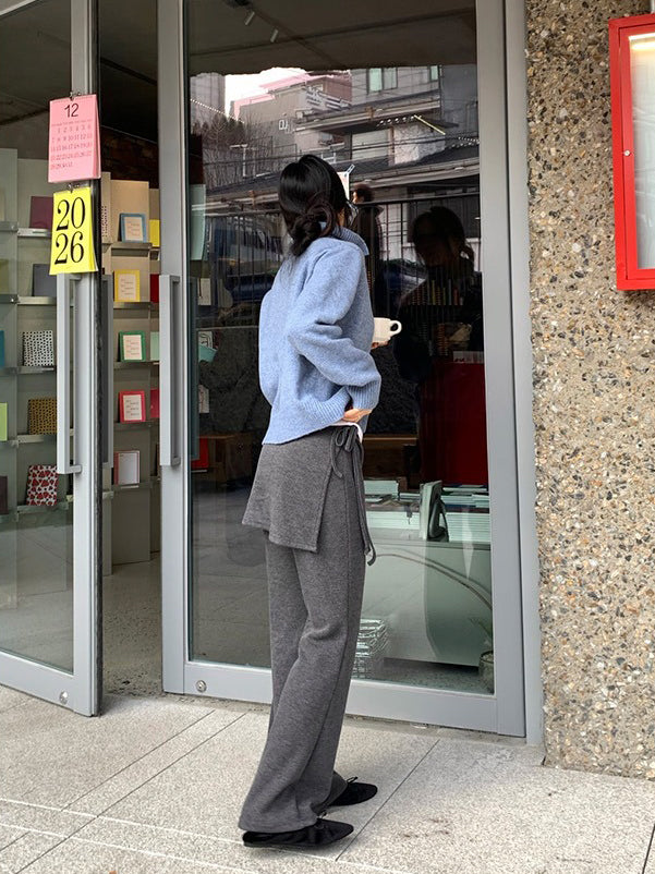 側綁帶細長腿假兩件裙褲