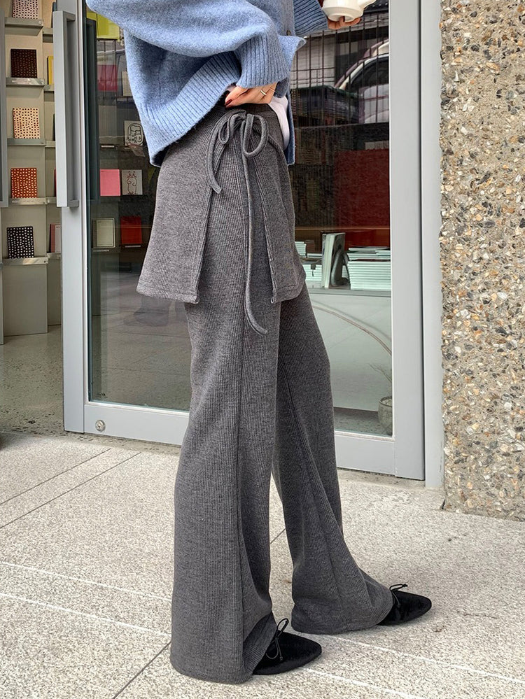 側綁帶細長腿假兩件裙褲