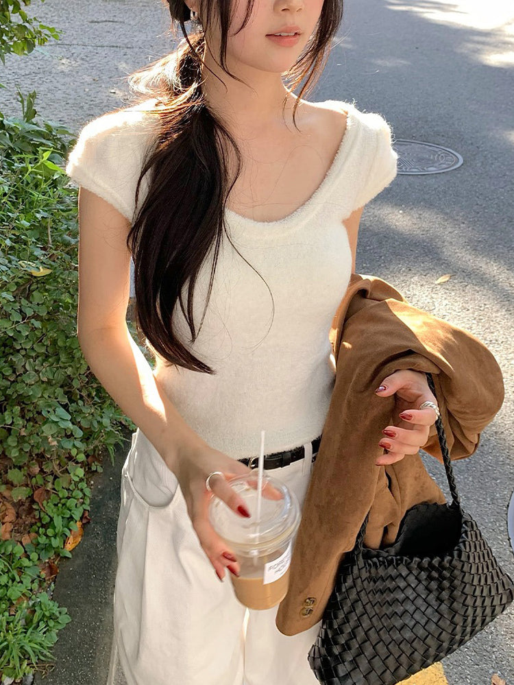 U領圈毛質感針織上衣