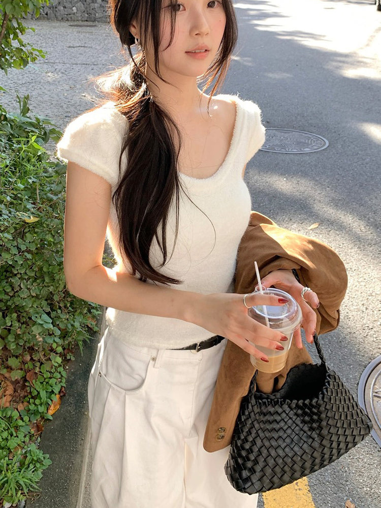 U領圈毛質感針織上衣